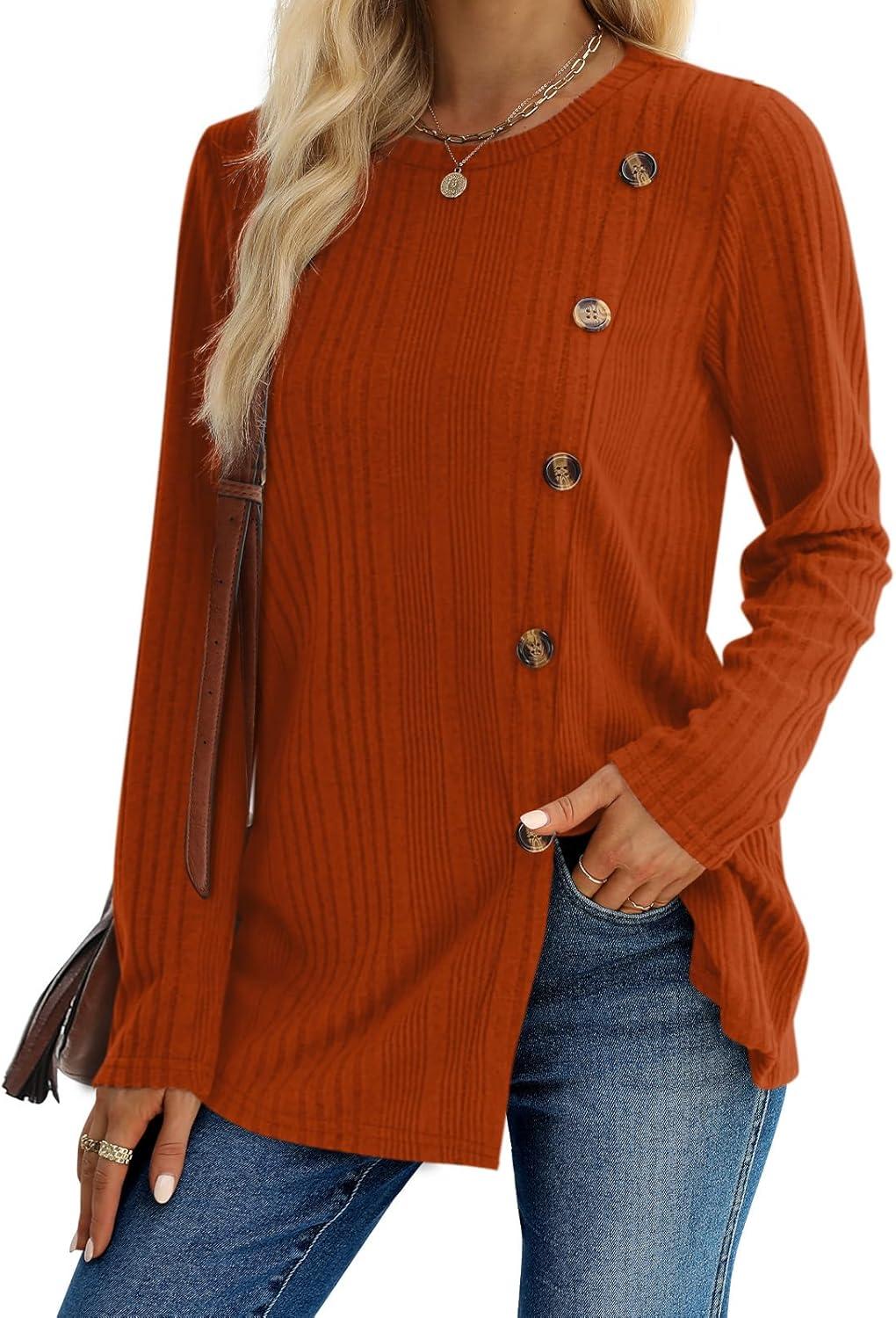 imageXIEERDUO Long Sleeve Tops for Women Tunics Buttons Front SlitA Caramel
