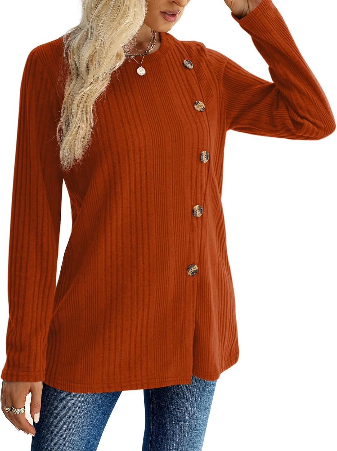 imageXIEERDUO Long Sleeve Tops for Women Tunics Buttons Front SlitA Caramel