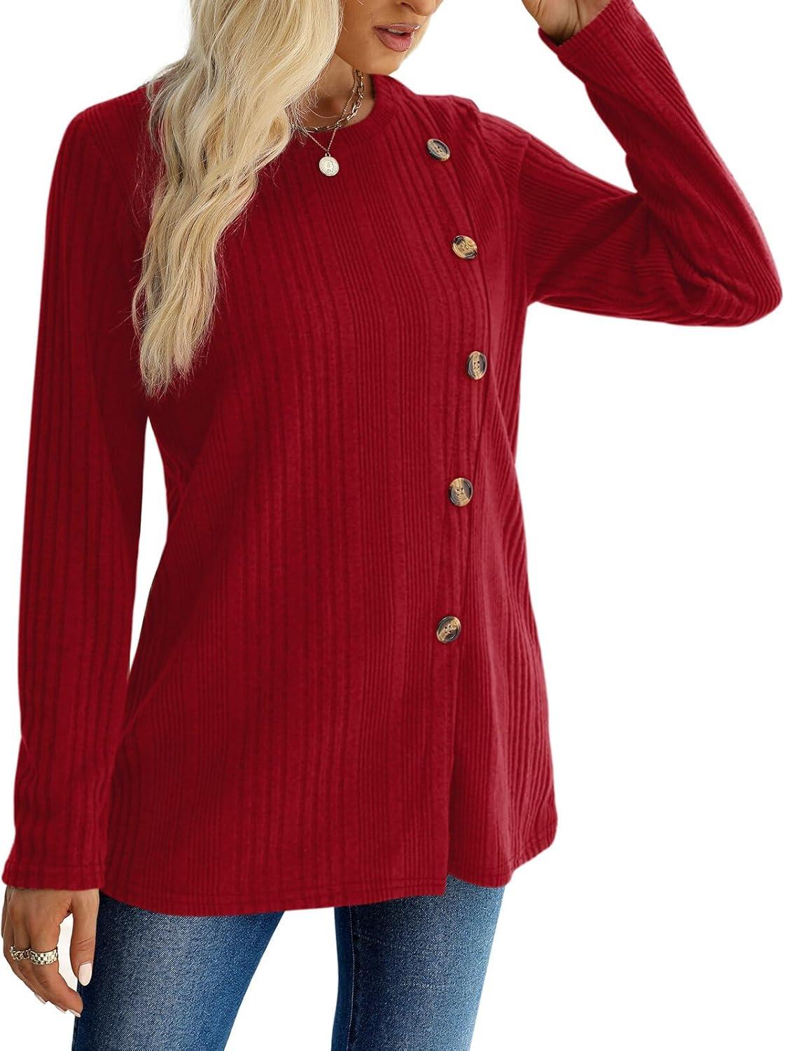 imageXIEERDUO Long Sleeve Tops for Women Tunics Buttons Front SlitA Wine Red