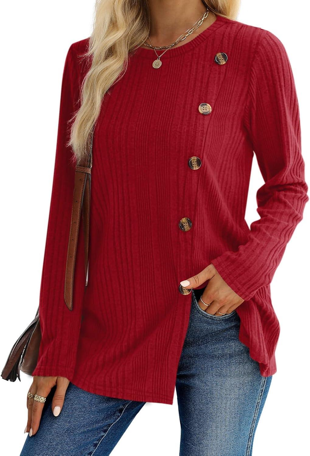 imageXIEERDUO Long Sleeve Tops for Women Tunics Buttons Front SlitA Wine Red
