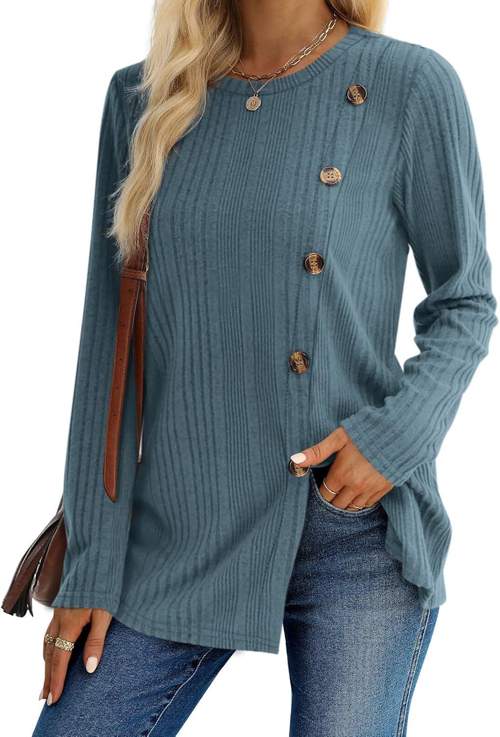 imageXIEERDUO Long Sleeve Tops for Women Tunics Buttons Front SlitB Blue