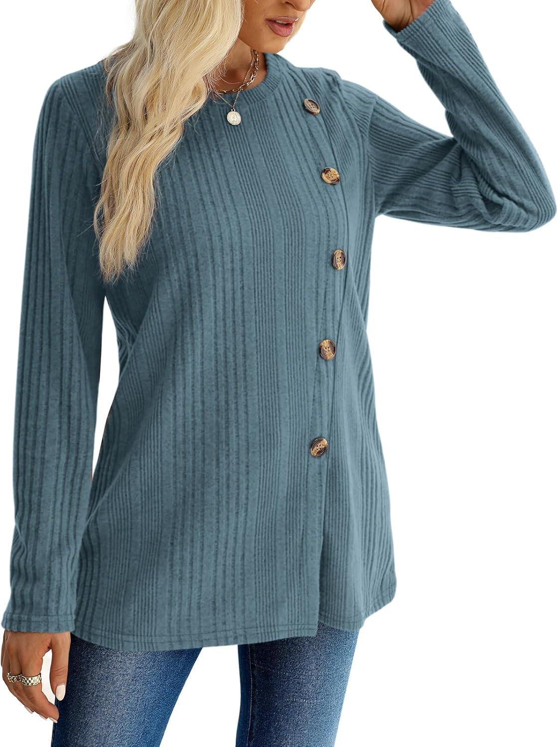 imageXIEERDUO Long Sleeve Tops for Women Tunics Buttons Front SlitB Blue