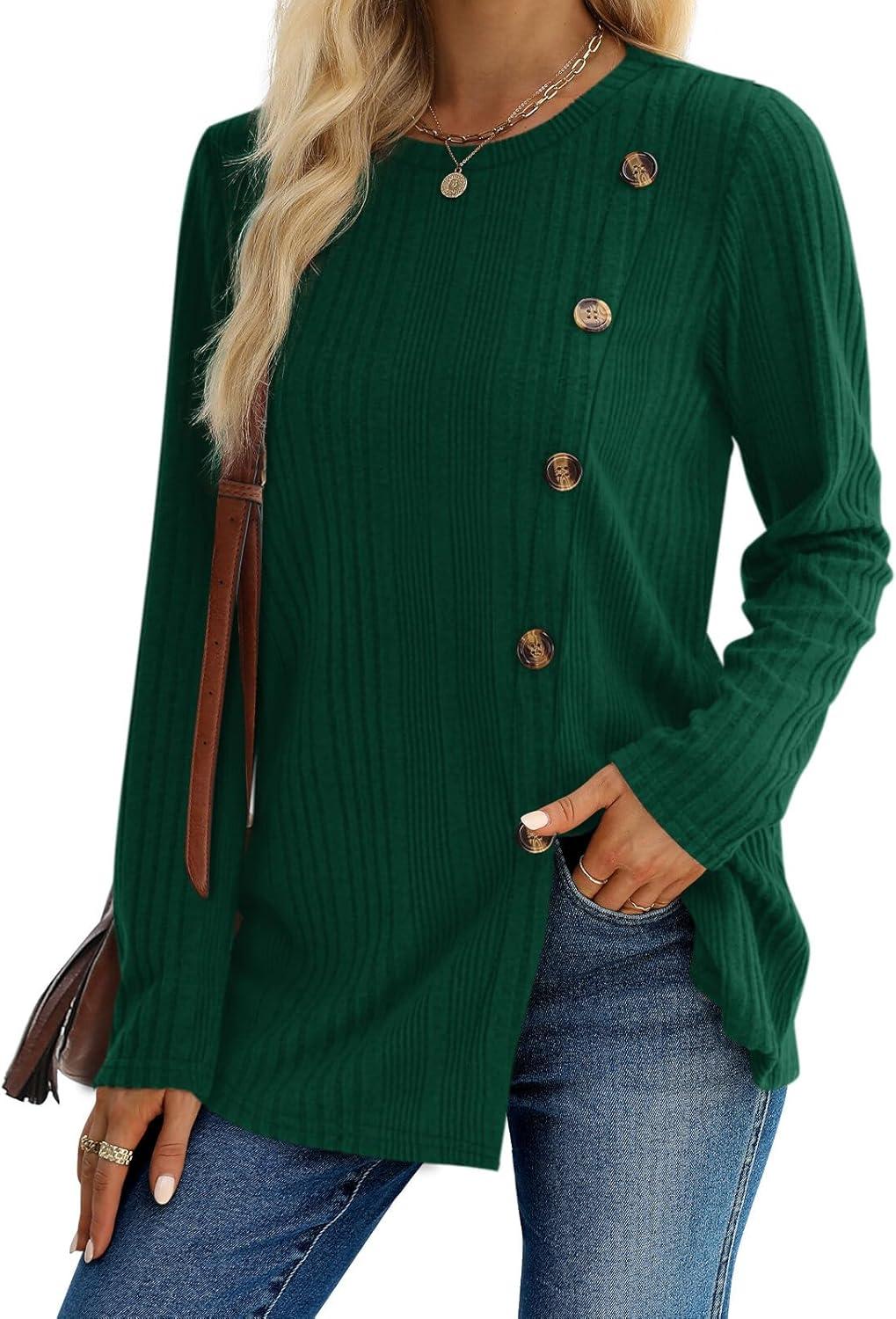 imageXIEERDUO Long Sleeve Tops for Women Tunics Buttons Front SlitC Dark Green