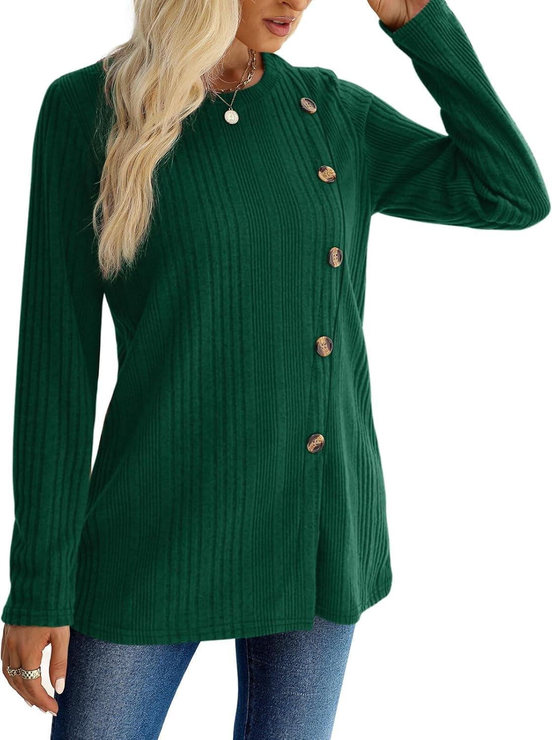imageXIEERDUO Long Sleeve Tops for Women Tunics Buttons Front SlitC Dark Green