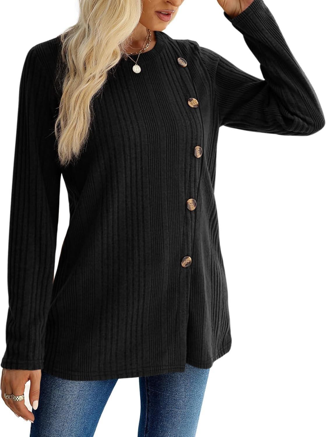 imageXIEERDUO Long Sleeve Tops for Women Tunics Buttons Front SlitD Black