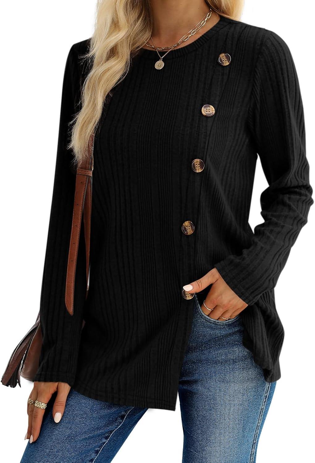imageXIEERDUO Long Sleeve Tops for Women Tunics Buttons Front SlitD Black