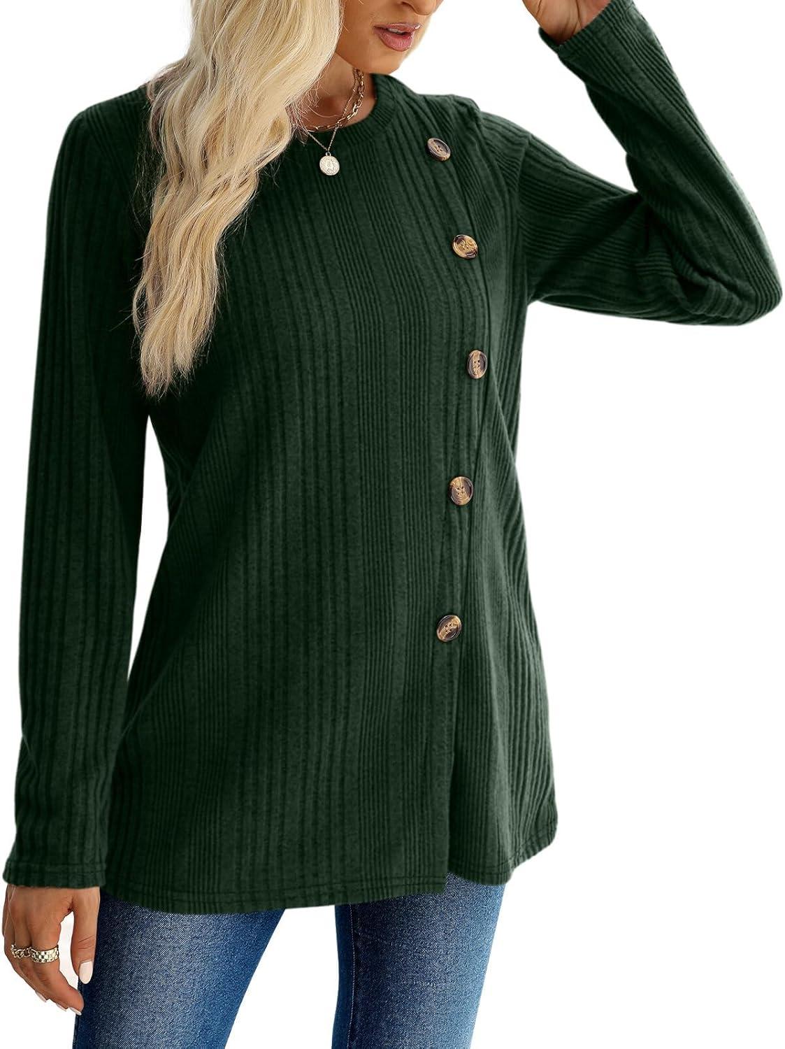 imageXIEERDUO Long Sleeve Tops for Women Tunics Buttons Front SlitE Army Green
