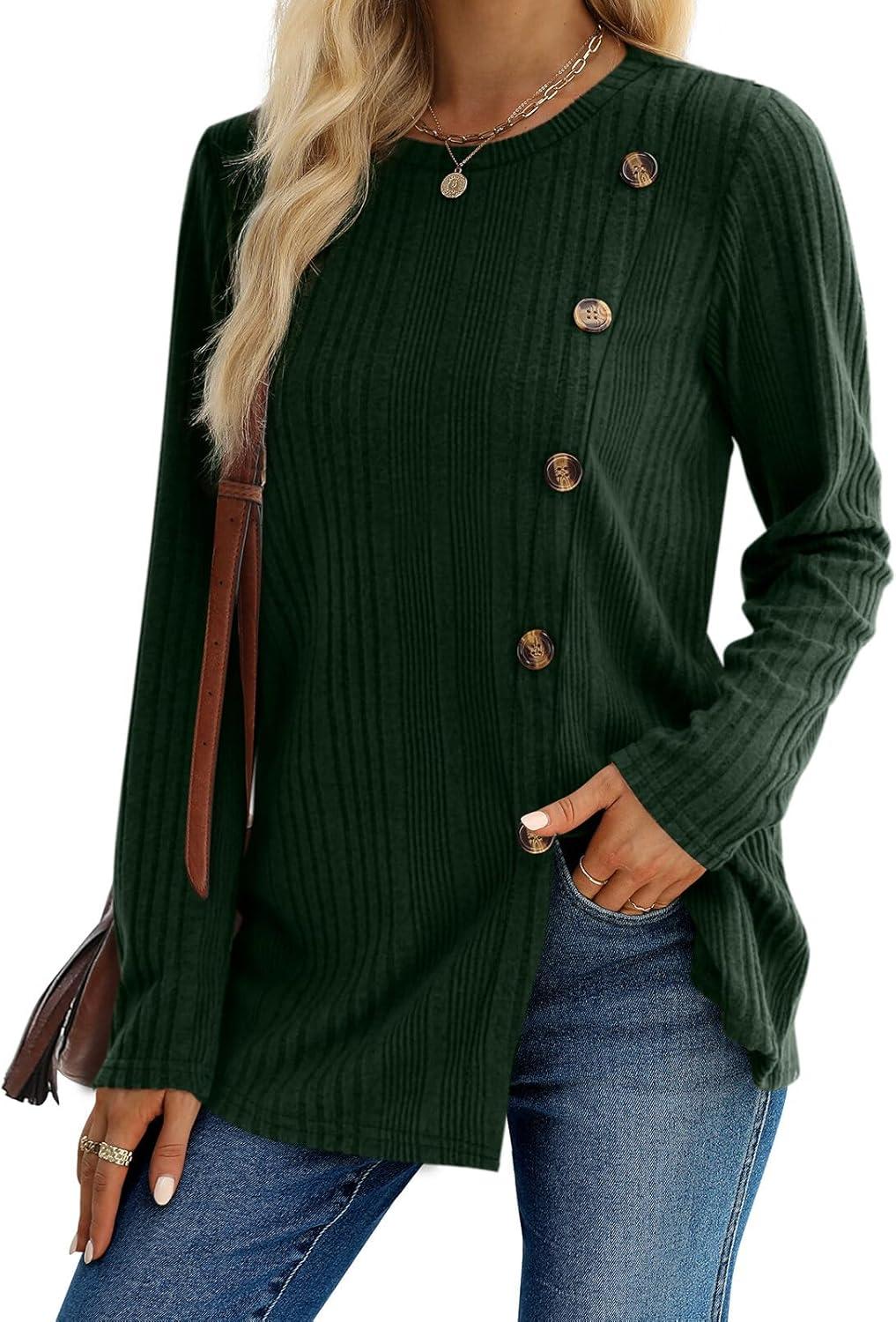 imageXIEERDUO Long Sleeve Tops for Women Tunics Buttons Front SlitE Army Green
