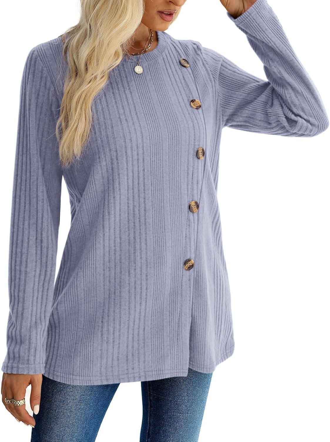 imageXIEERDUO Long Sleeve Tops for Women Tunics Buttons Front SlitE Blue Purple