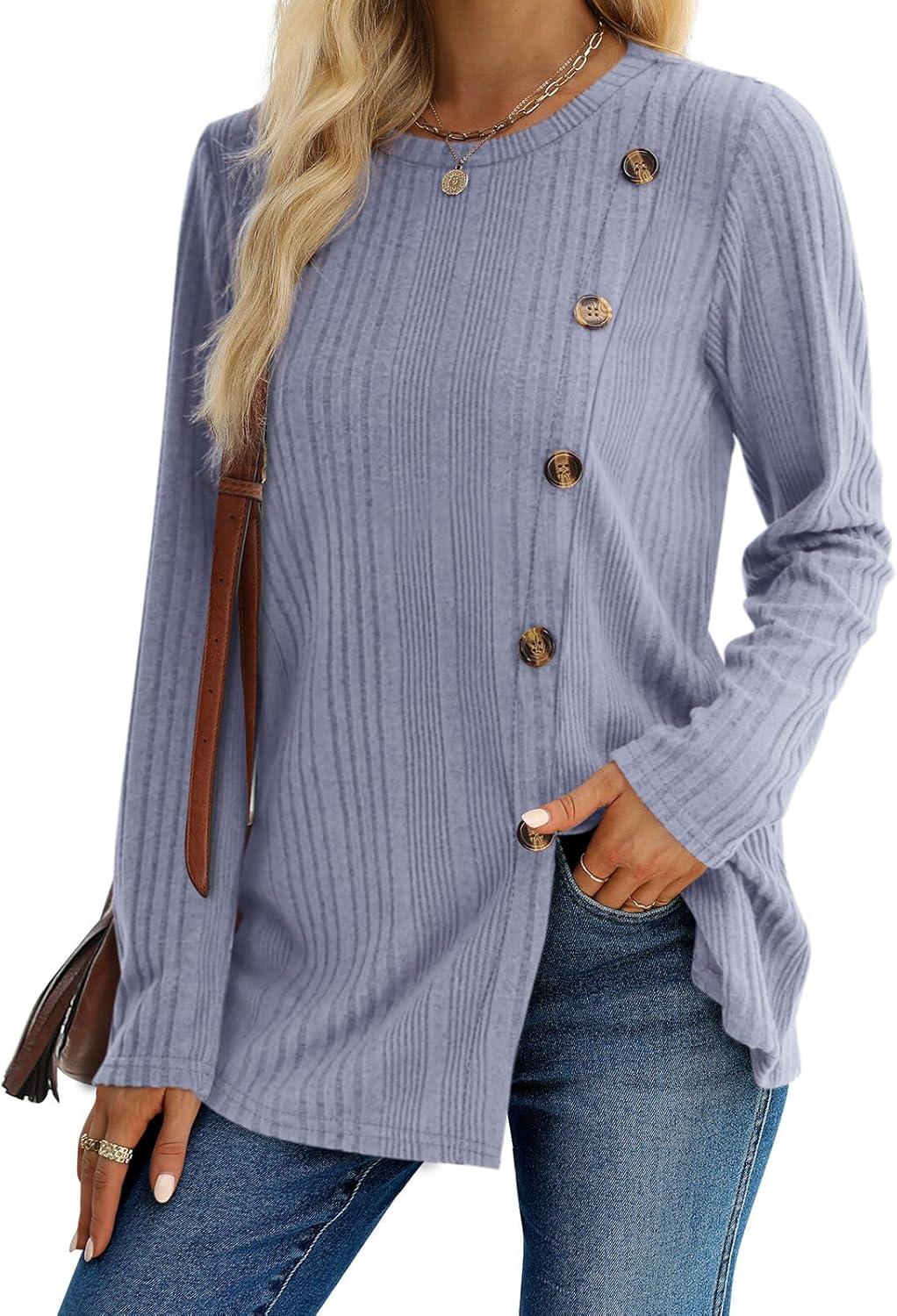 imageXIEERDUO Long Sleeve Tops for Women Tunics Buttons Front SlitE Blue Purple