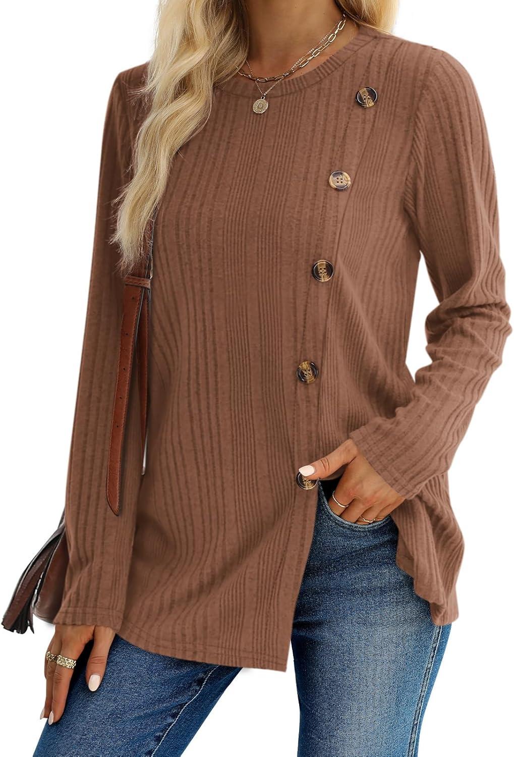 imageXIEERDUO Long Sleeve Tops for Women Tunics Buttons Front SlitE Brown