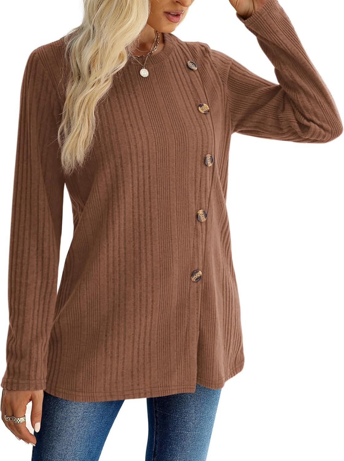 imageXIEERDUO Long Sleeve Tops for Women Tunics Buttons Front SlitE Brown