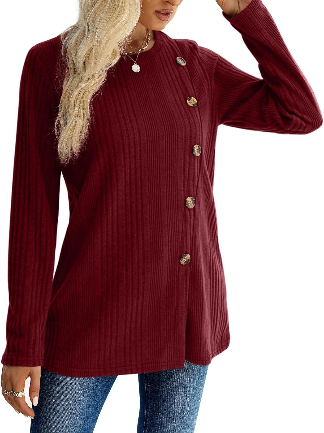 imageXIEERDUO Long Sleeve Tops for Women Tunics Buttons Front SlitE Burgundy