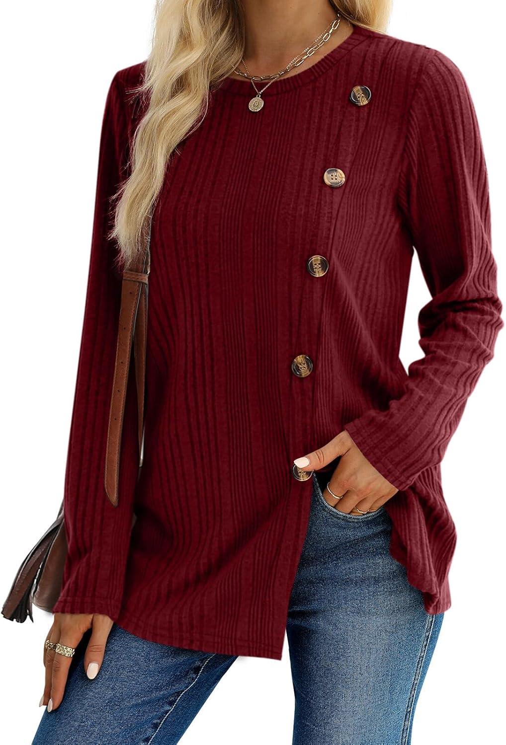 imageXIEERDUO Long Sleeve Tops for Women Tunics Buttons Front SlitE Burgundy