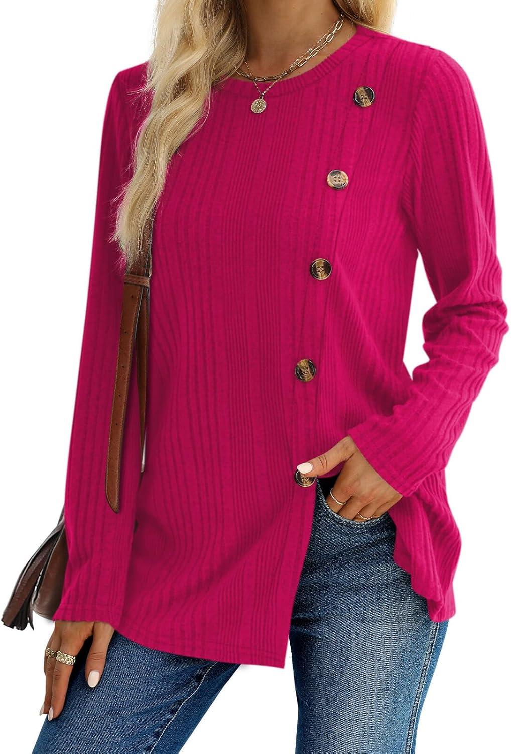 imageXIEERDUO Long Sleeve Tops for Women Tunics Buttons Front SlitE Hot Pink