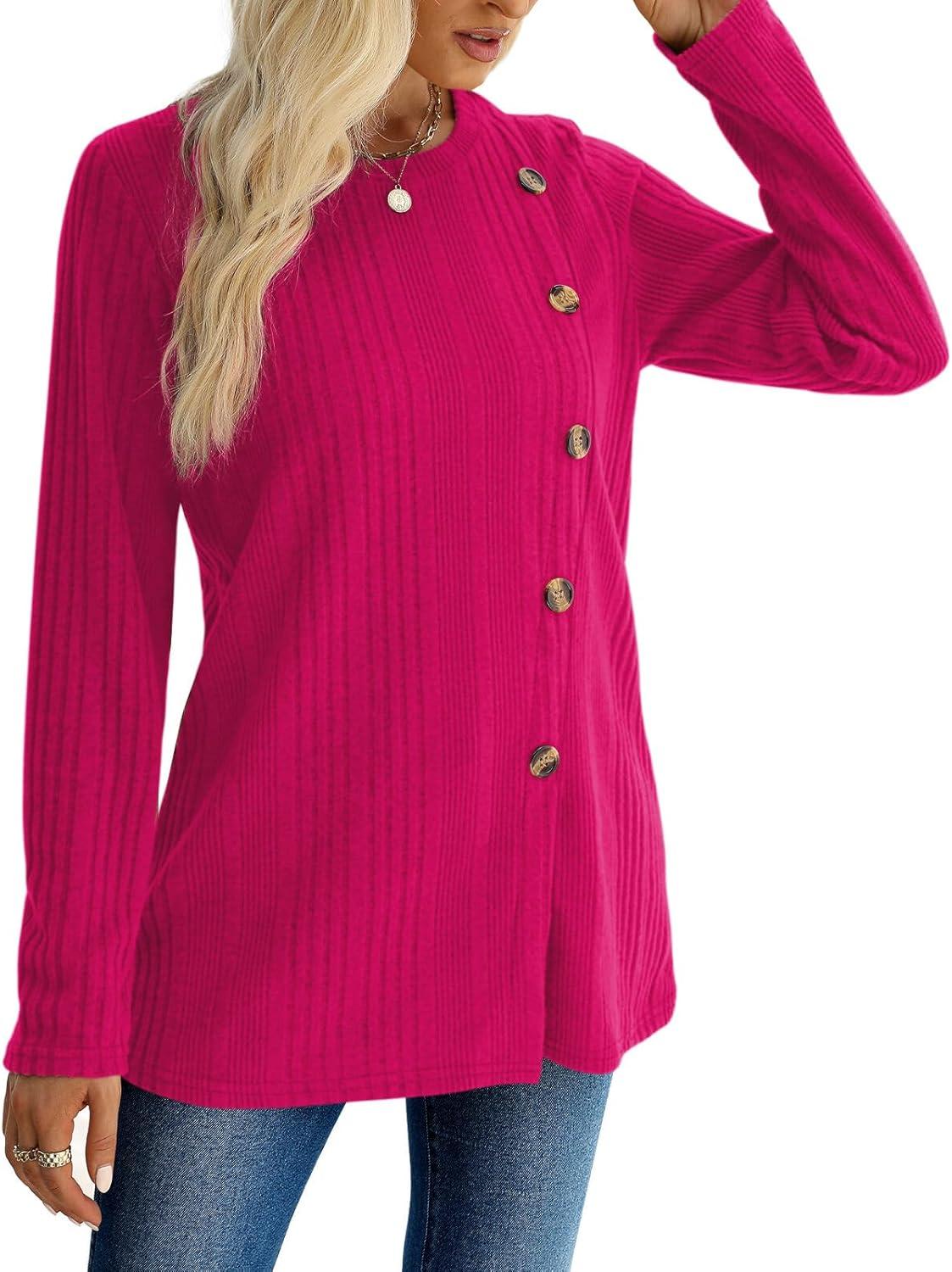 imageXIEERDUO Long Sleeve Tops for Women Tunics Buttons Front SlitE Hot Pink