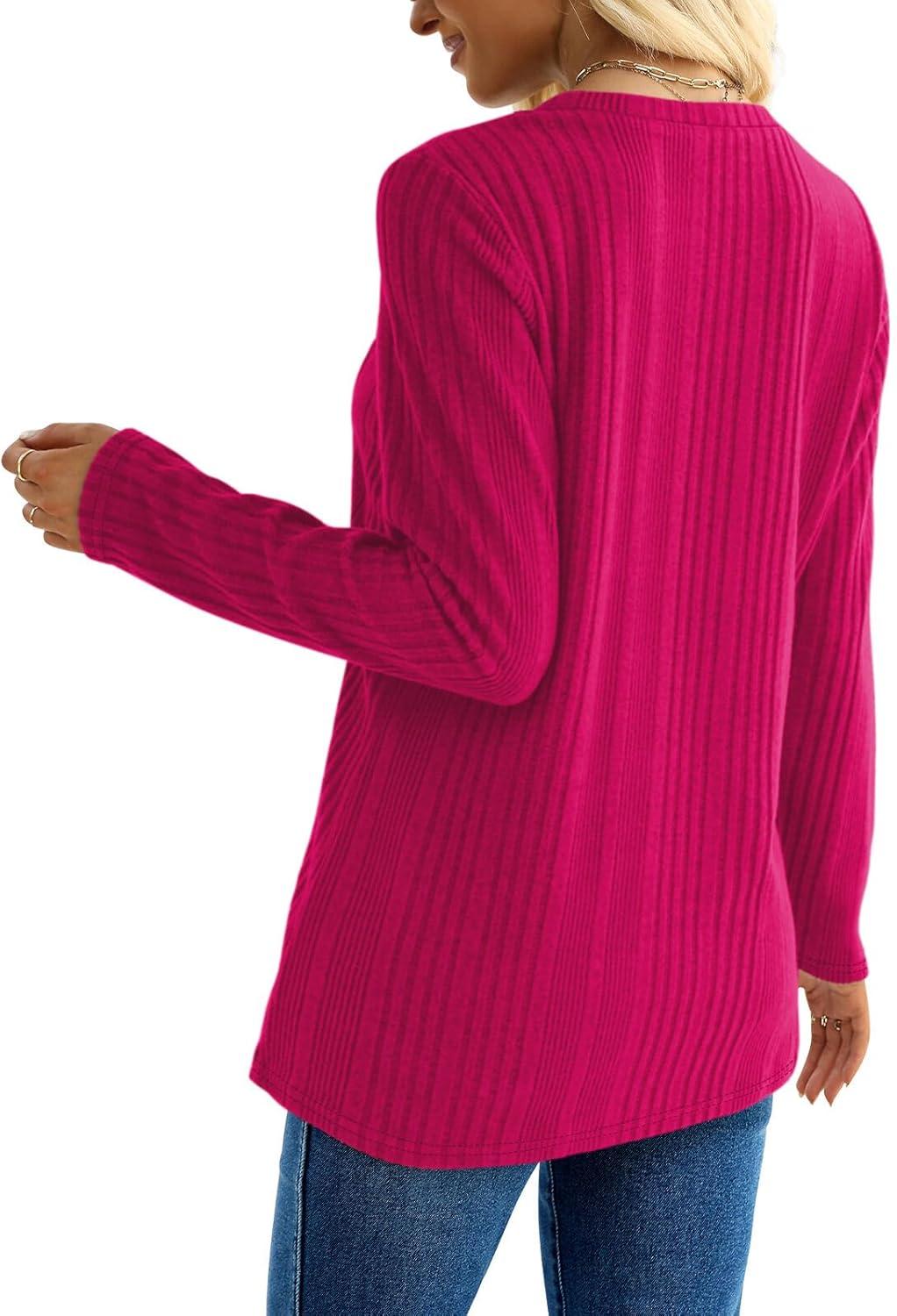 imageXIEERDUO Long Sleeve Tops for Women Tunics Buttons Front SlitE Hot Pink