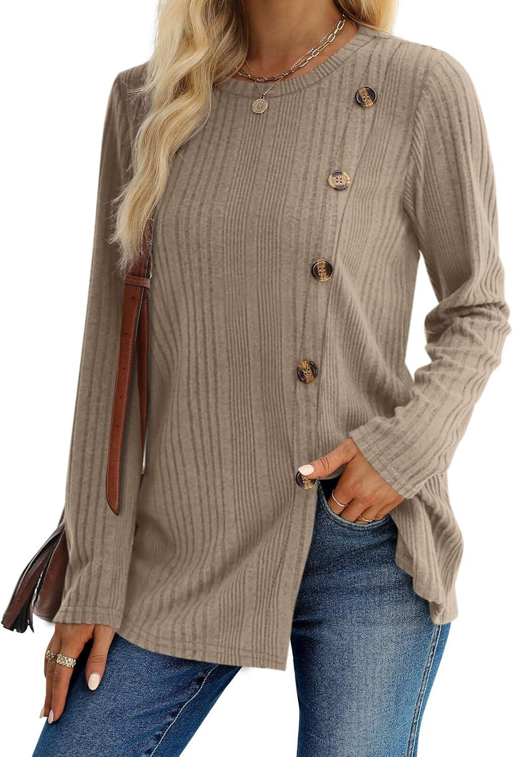 imageXIEERDUO Long Sleeve Tops for Women Tunics Buttons Front SlitE Khaki