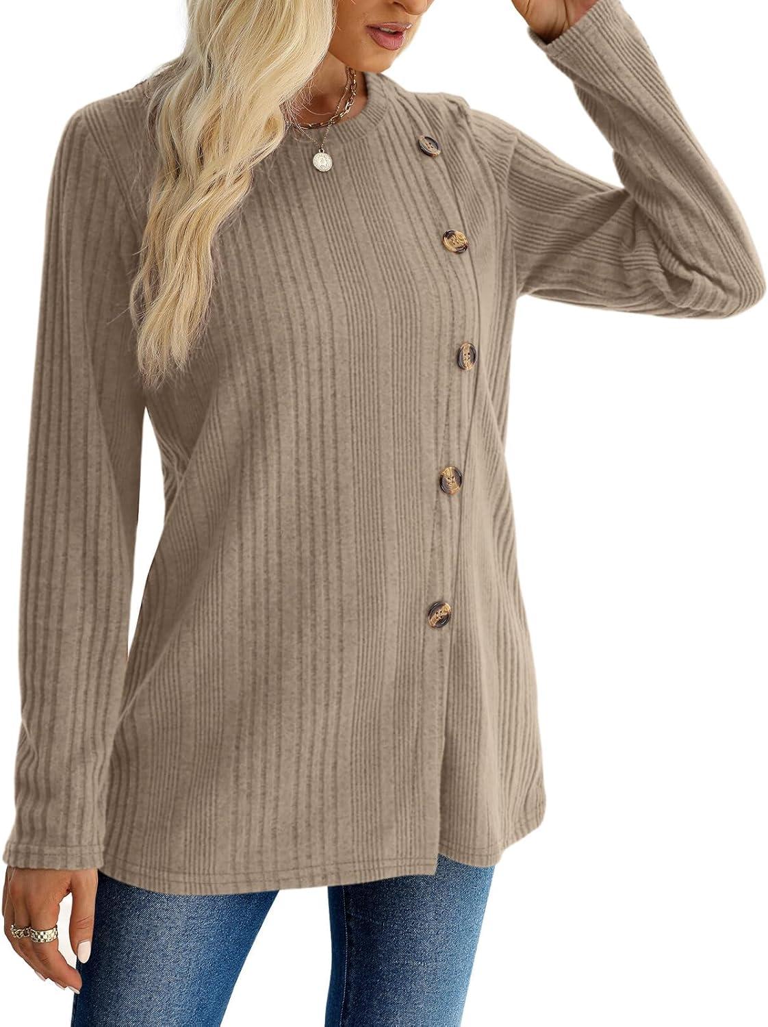 imageXIEERDUO Long Sleeve Tops for Women Tunics Buttons Front SlitE Khaki
