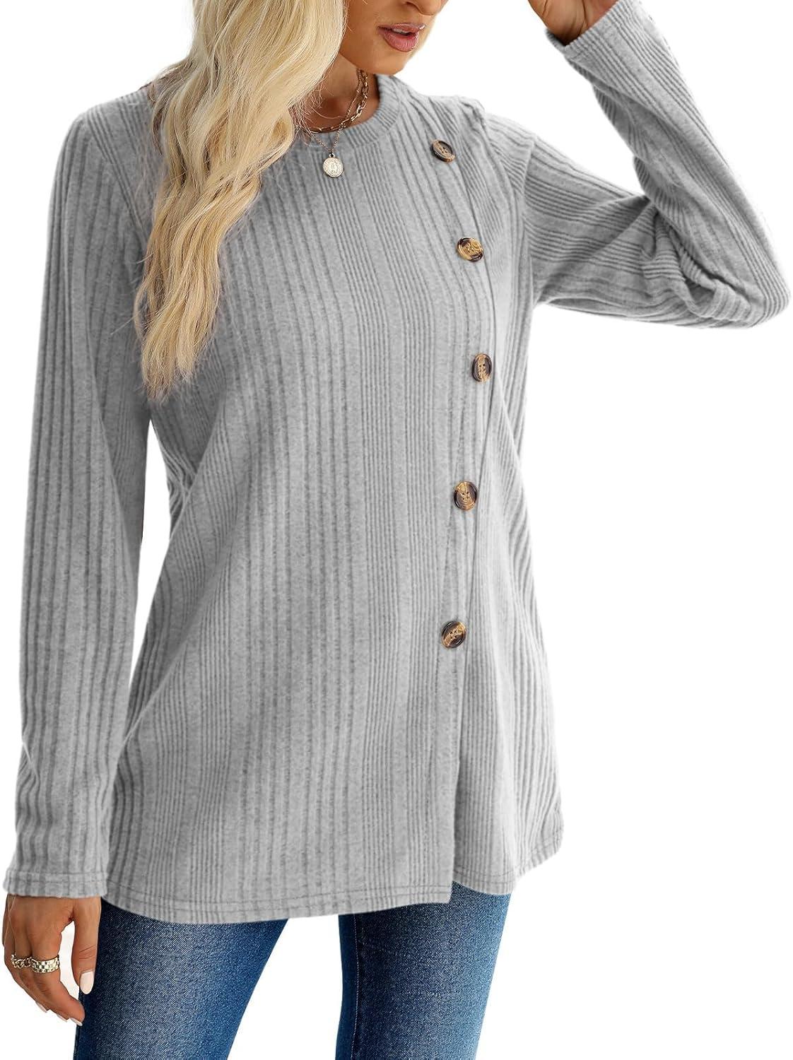 imageXIEERDUO Long Sleeve Tops for Women Tunics Buttons Front SlitE Light Grey