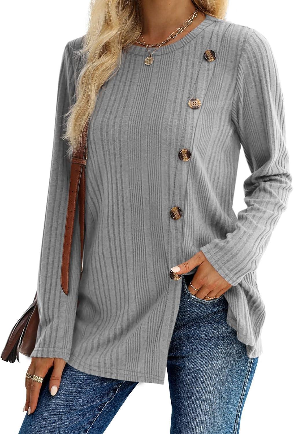 imageXIEERDUO Long Sleeve Tops for Women Tunics Buttons Front SlitE Light Grey