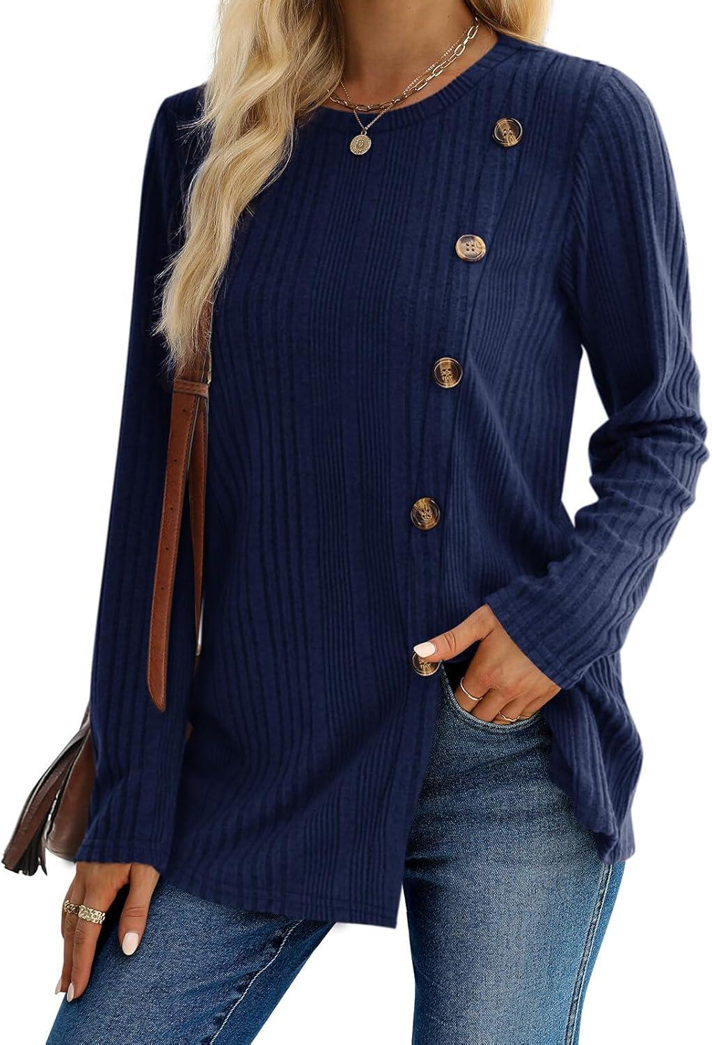 imageXIEERDUO Long Sleeve Tops for Women Tunics Buttons Front SlitE Navy Blue