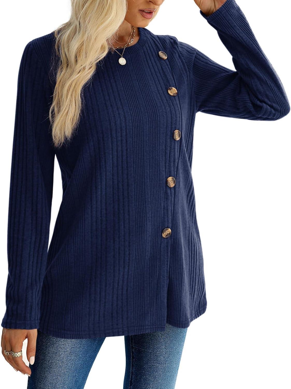 imageXIEERDUO Long Sleeve Tops for Women Tunics Buttons Front SlitE Navy Blue
