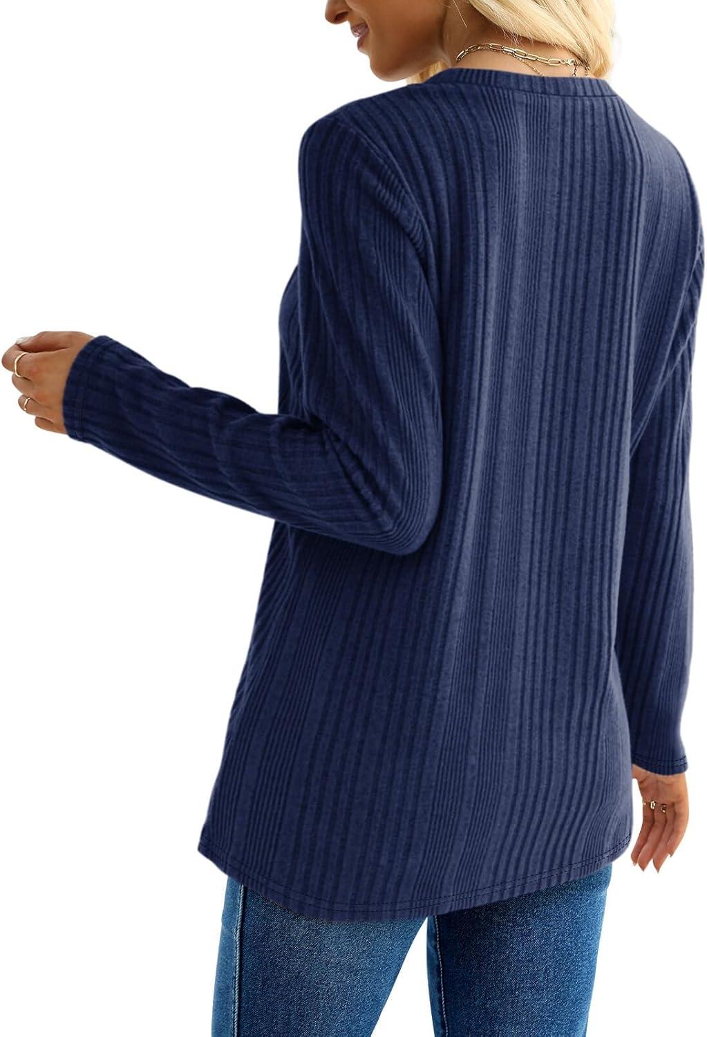 imageXIEERDUO Long Sleeve Tops for Women Tunics Buttons Front SlitE Navy Blue