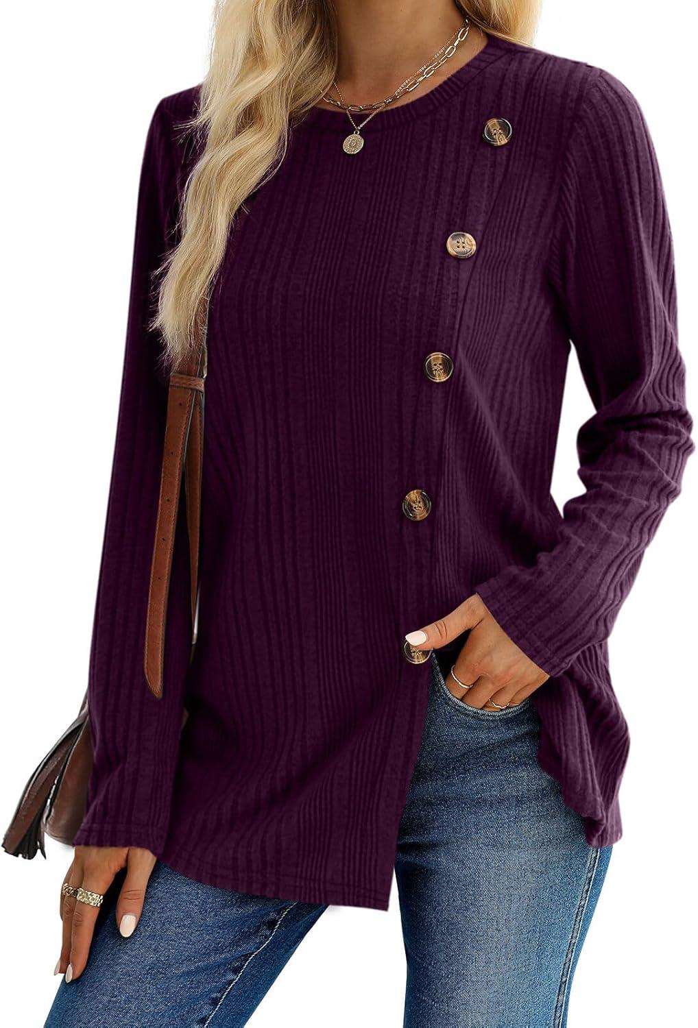 imageXIEERDUO Long Sleeve Tops for Women Tunics Buttons Front SlitE Purple