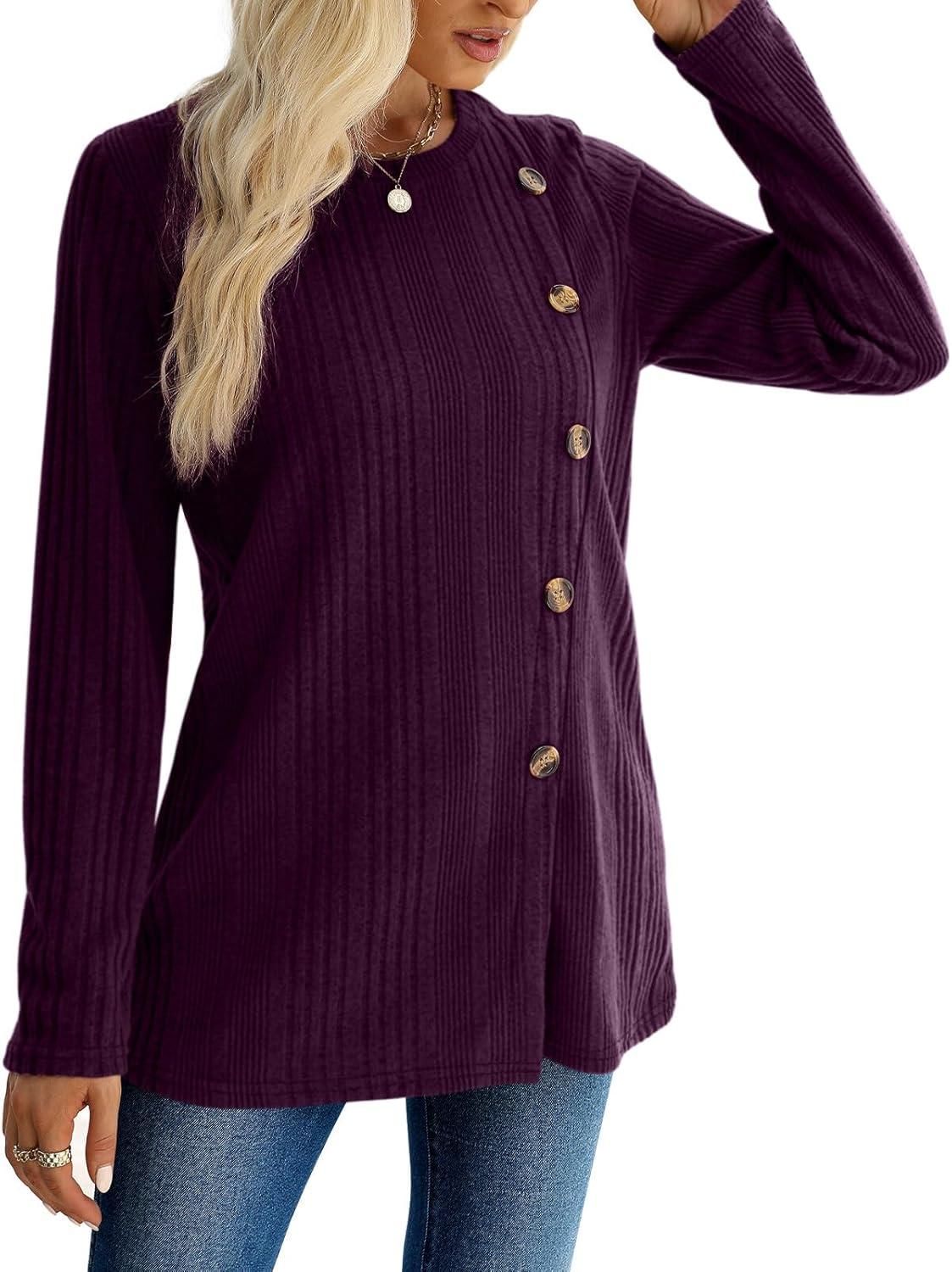imageXIEERDUO Long Sleeve Tops for Women Tunics Buttons Front SlitE Purple