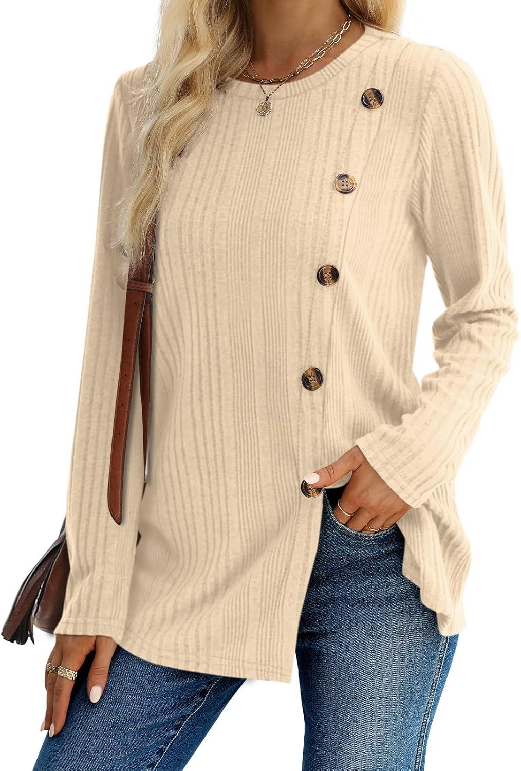 imageXIEERDUO Long Sleeve Tops for Women Tunics Buttons Front SlitE1 Apricot