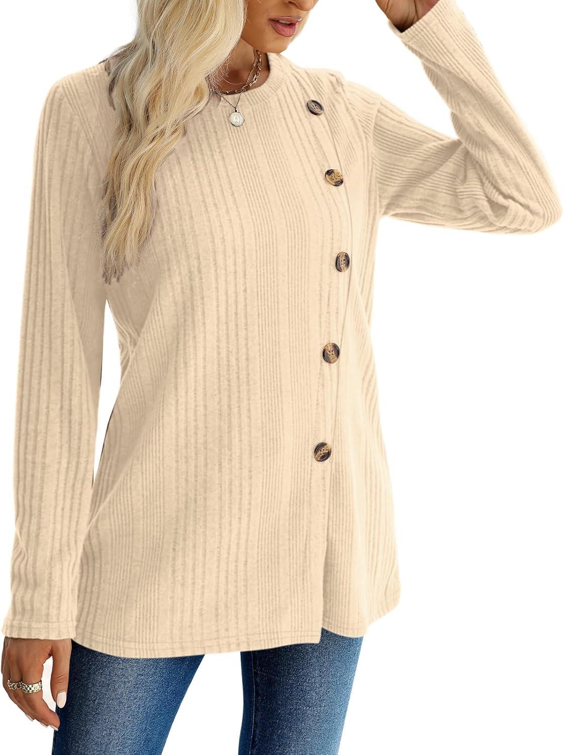 imageXIEERDUO Long Sleeve Tops for Women Tunics Buttons Front SlitE1 Apricot