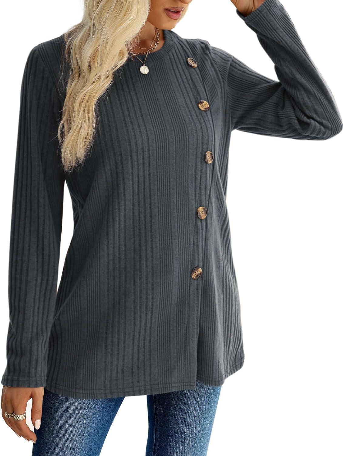 imageXIEERDUO Long Sleeve Tops for Women Tunics Buttons Front SlitE3 Dark Grey
