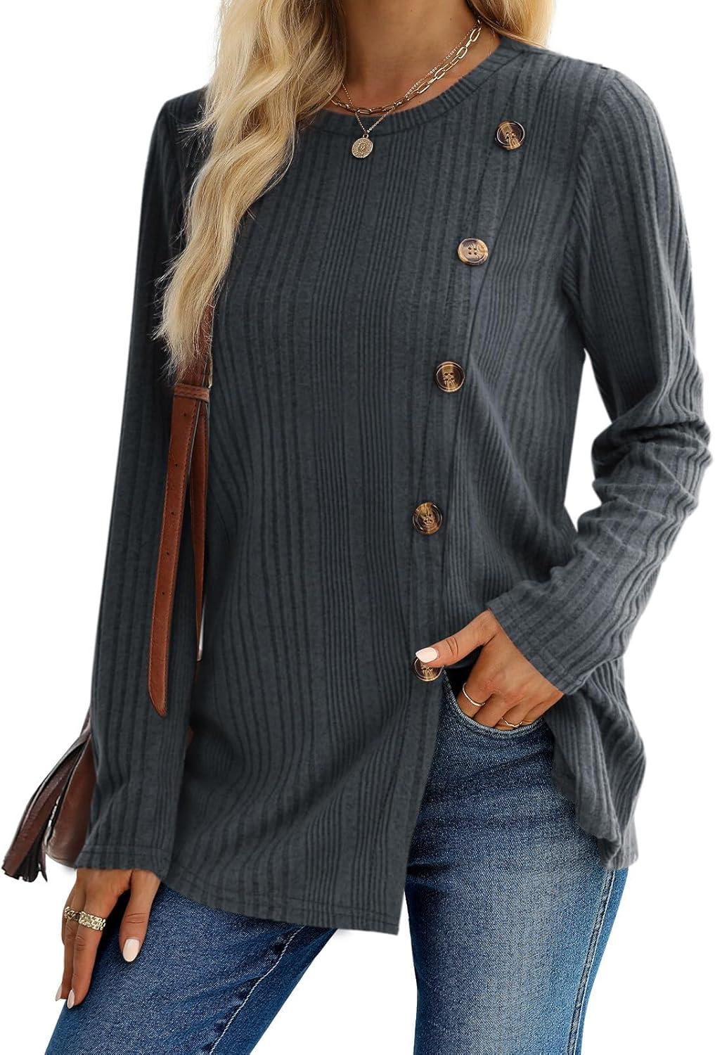 imageXIEERDUO Long Sleeve Tops for Women Tunics Buttons Front SlitE3 Dark Grey