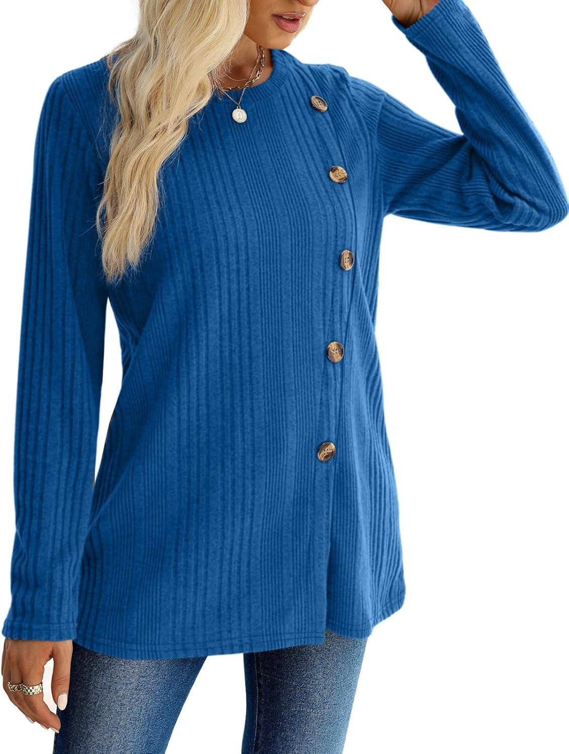 imageXIEERDUO Long Sleeve Tops for Women Tunics Buttons Front SlitE4 Royal Blue