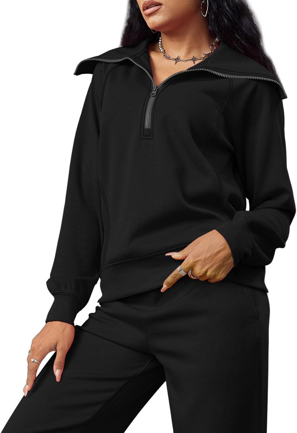 imageXIEERDUO Lounge Sets For Women 2025 Half Zip Sweatshirt And Wide Leg Sweatpant 2 Piece Outfits Sweatsuit Tracksuit01black