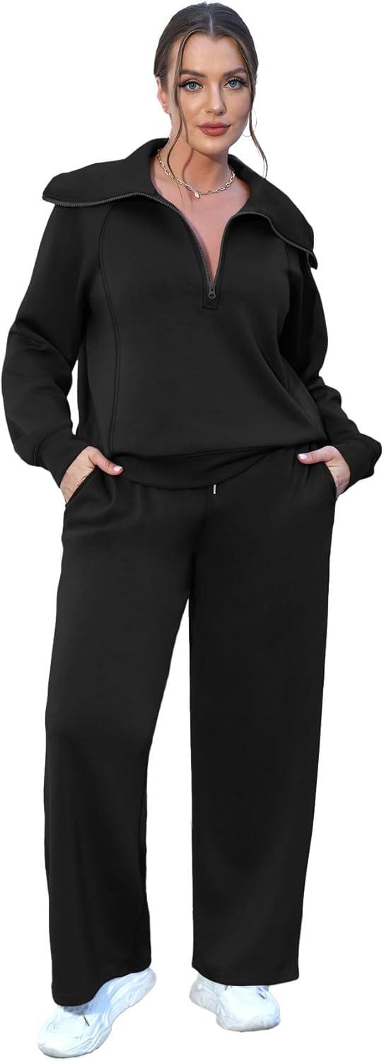 imageXIEERDUO Lounge Sets For Women 2025 Half Zip Sweatshirt And Wide Leg Sweatpant 2 Piece Outfits Sweatsuit Tracksuit01black