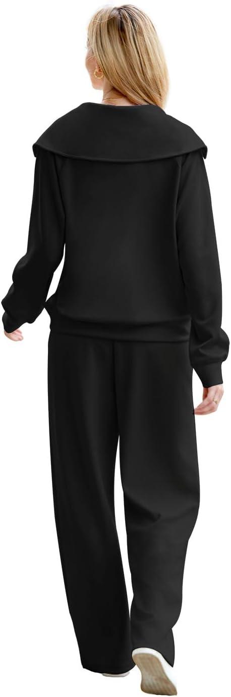 imageXIEERDUO Lounge Sets For Women 2025 Half Zip Sweatshirt And Wide Leg Sweatpant 2 Piece Outfits Sweatsuit Tracksuit01black
