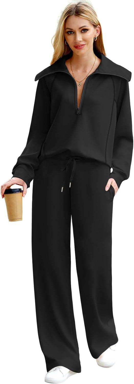 imageXIEERDUO Lounge Sets For Women 2025 Half Zip Sweatshirt And Wide Leg Sweatpant 2 Piece Outfits Sweatsuit Tracksuit01black