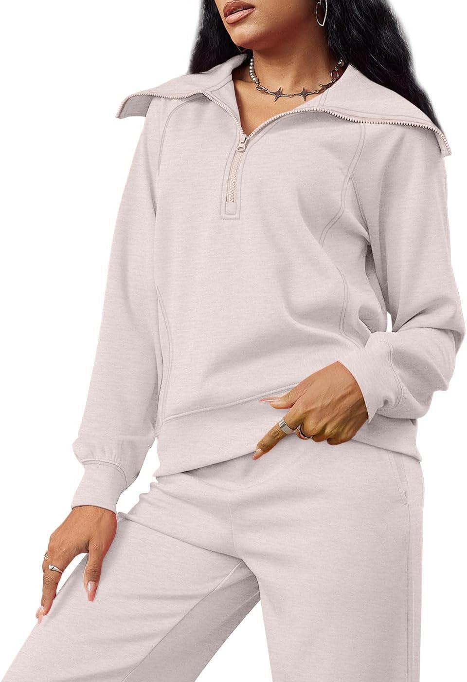 imageXIEERDUO Lounge Sets For Women 2025 Half Zip Sweatshirt And Wide Leg Sweatpant 2 Piece Outfits Sweatsuit Tracksuit02khaki