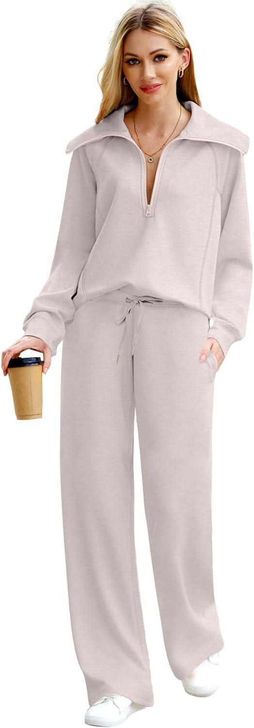 imageXIEERDUO Lounge Sets For Women 2025 Half Zip Sweatshirt And Wide Leg Sweatpant 2 Piece Outfits Sweatsuit Tracksuit02khaki