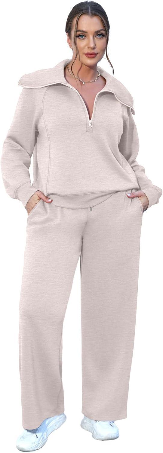 imageXIEERDUO Lounge Sets For Women 2025 Half Zip Sweatshirt And Wide Leg Sweatpant 2 Piece Outfits Sweatsuit Tracksuit02khaki