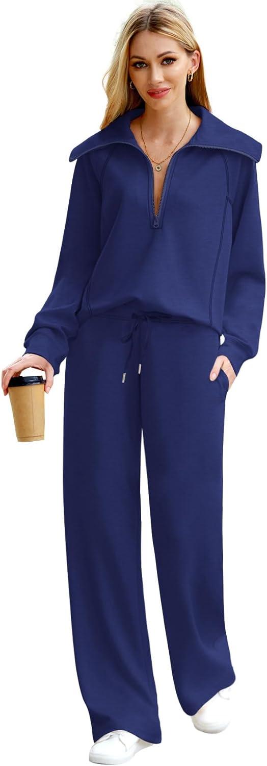 imageXIEERDUO Lounge Sets For Women 2025 Half Zip Sweatshirt And Wide Leg Sweatpant 2 Piece Outfits Sweatsuit Tracksuit03navy Blue