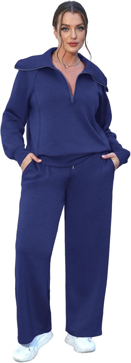 imageXIEERDUO Lounge Sets For Women 2025 Half Zip Sweatshirt And Wide Leg Sweatpant 2 Piece Outfits Sweatsuit Tracksuit03navy Blue