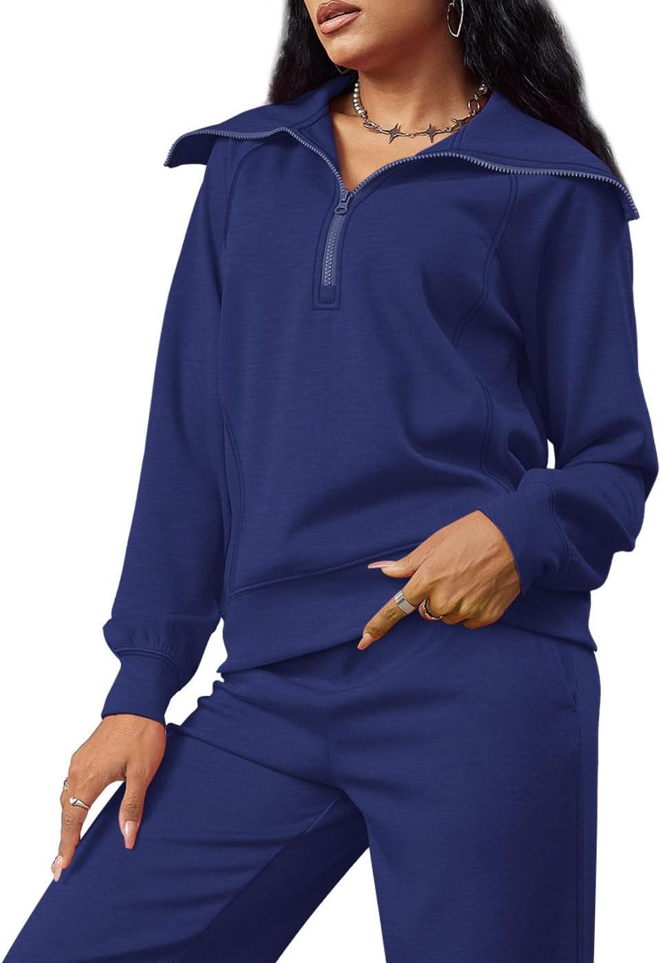 imageXIEERDUO Lounge Sets For Women 2025 Half Zip Sweatshirt And Wide Leg Sweatpant 2 Piece Outfits Sweatsuit Tracksuit03navy Blue