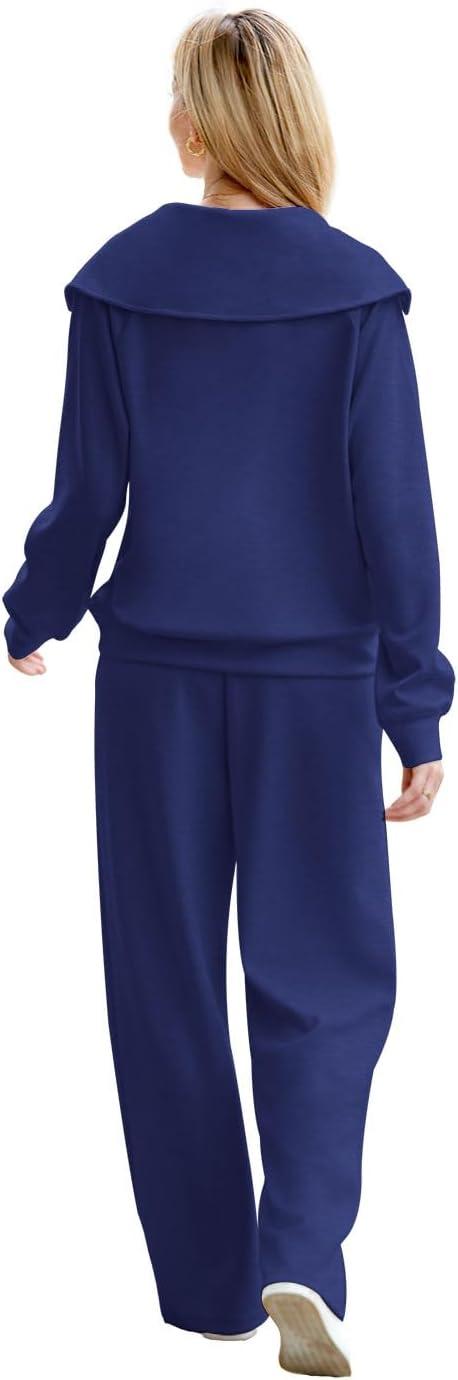 imageXIEERDUO Lounge Sets For Women 2025 Half Zip Sweatshirt And Wide Leg Sweatpant 2 Piece Outfits Sweatsuit Tracksuit03navy Blue