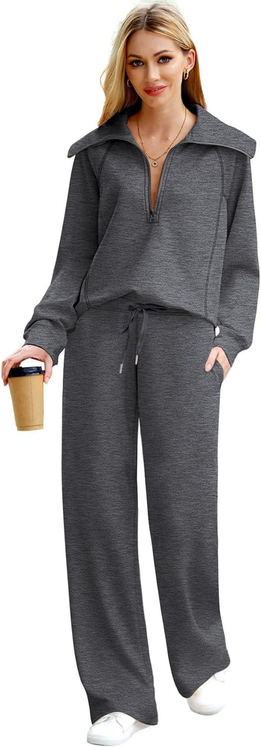 imageXIEERDUO Lounge Sets For Women 2025 Half Zip Sweatshirt And Wide Leg Sweatpant 2 Piece Outfits Sweatsuit Tracksuit04dimgray