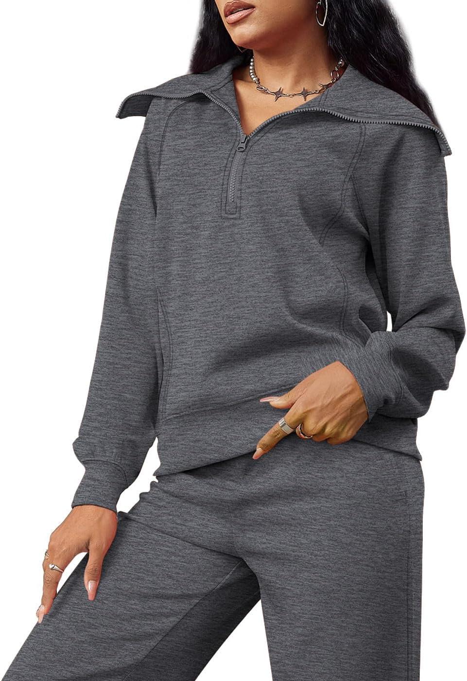imageXIEERDUO Lounge Sets For Women 2025 Half Zip Sweatshirt And Wide Leg Sweatpant 2 Piece Outfits Sweatsuit Tracksuit04dimgray