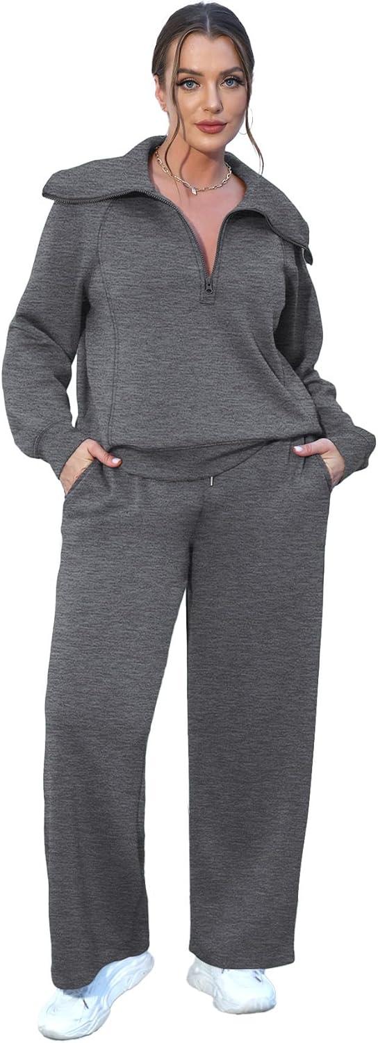 imageXIEERDUO Lounge Sets For Women 2025 Half Zip Sweatshirt And Wide Leg Sweatpant 2 Piece Outfits Sweatsuit Tracksuit04dimgray