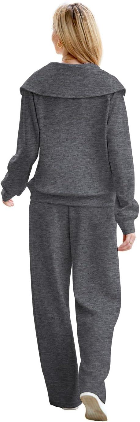 imageXIEERDUO Lounge Sets For Women 2025 Half Zip Sweatshirt And Wide Leg Sweatpant 2 Piece Outfits Sweatsuit Tracksuit04dimgray